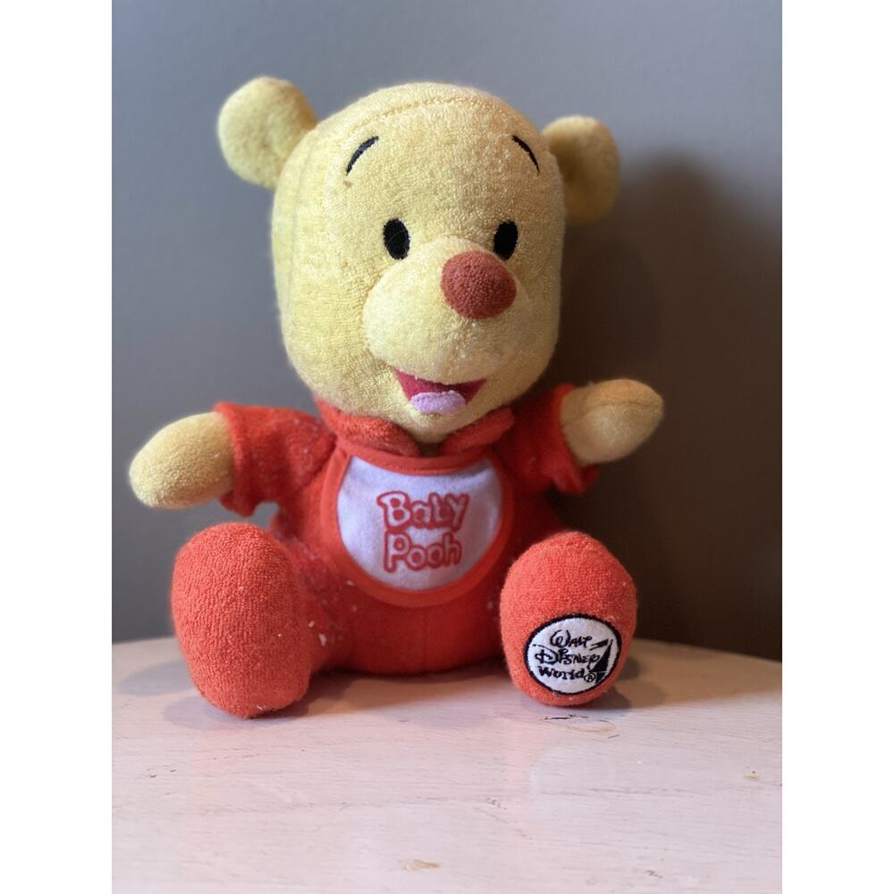 Baby Winnie‎ the Pooh Stuffed Plush Terry Red Bib Pajamas Beanbag Disneyland 7"
